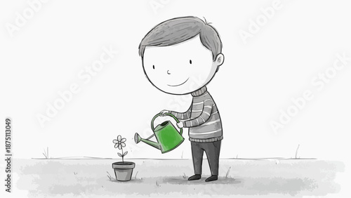 A young boy lovingly waters a growing flower, nurturing it with care