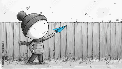 A heartwarming scene of a child launching a paper airplane in a monochrome style