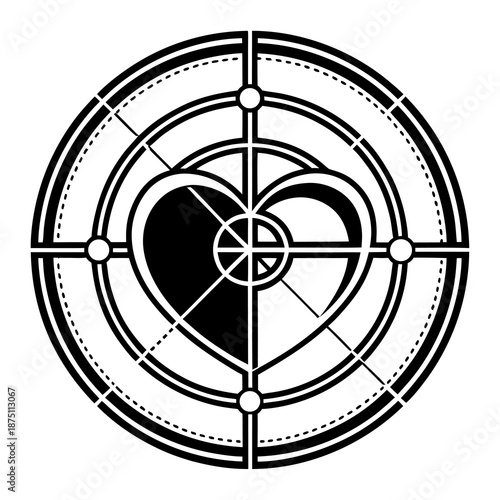 Stylized black and white circular geometric design featuring a prominent heart shape intersected by precise crosshairs and concentric rings suggesting precision and focus.