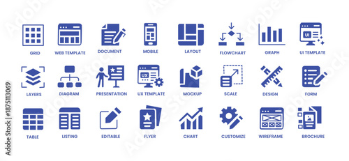 Template icon set. Layout, flowchart, diagram, form, wireframe, table, grid, editable, layers and more. Solid vector icons collection. 