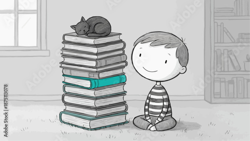 A child and a cat resting with a stack of books and looking forward to reading