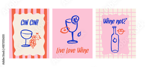 Hand drawn whimsical wine poster set. Vector sketch line art doodle illustration. Mediterranean food and drink postcards