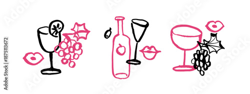 Hand drawn whimsical wine set. Vector isolated sketch line art doodle illustration. Mediterranean food and drinks