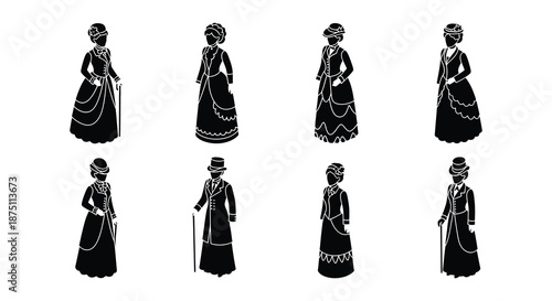 Silhouette illustrations of eight women in various victorian era dresses and hats