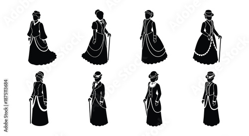 Silhouette illustrations of eight women in various victorian era dresses and hats