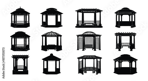 Collection of seven black silhouettes of different gazebo styles