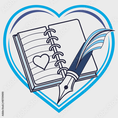 Stylized blue and black line art illustration featuring a spiral bound notebook with a heart symbol alongside a classic feather quill pen enclosed within a heart outline