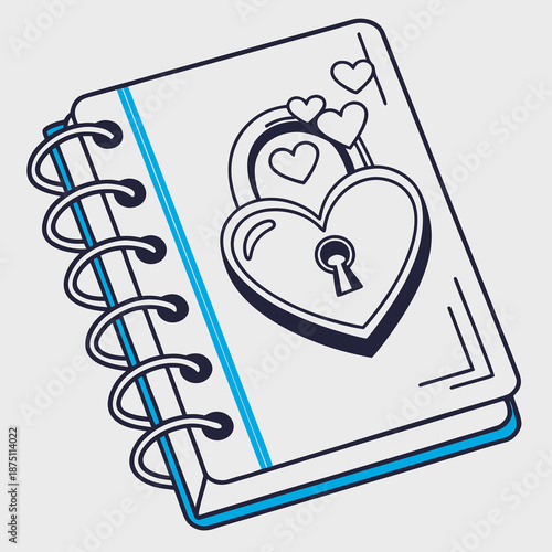 Spiral bound diary notebook featuring a prominent heart shaped padlock illustration symbolizing secrets love and personal guarded memories for romantic illustration concepts