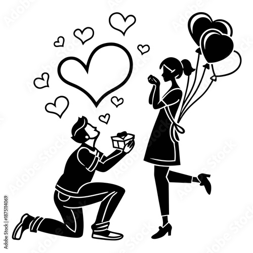 Silhouette of a man proposing marriage to a surprised woman holding heart balloons surrounded by floating hearts symbolizing deep affection and commitment