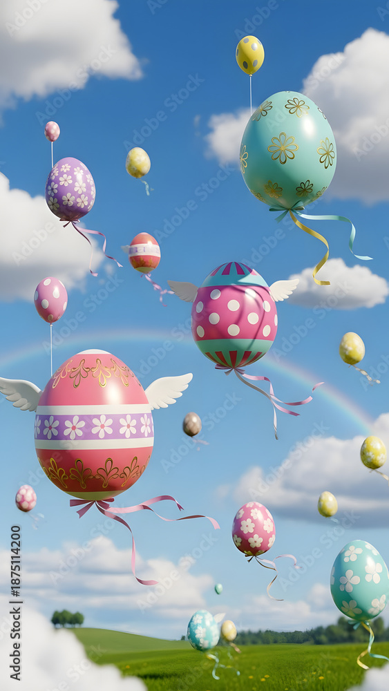 Fototapeta premium Colorful Easter eggs floating in the sky with a rainbow over a green field on a sunny day