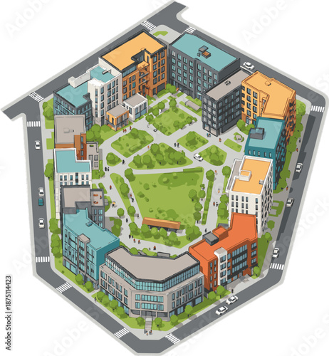 Modern Urban Block With Green Courtyard And Diverse Buildings