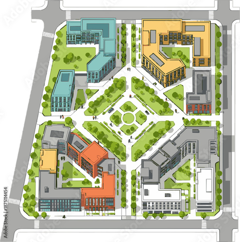 Modern City Block Development with Green Spaces and Buildings