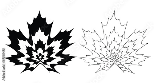 Bold abstract leaf design with jagged shapes and striking maple leaf pattern in black white art, Creative maple leaf artwork showing bold abstract shapes and stunning black white contrast design