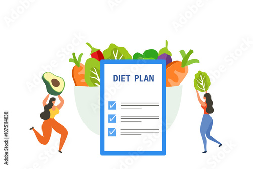  Healthy diet plan, woman eat healthy food and planning diet with fruit and vegetable vector

