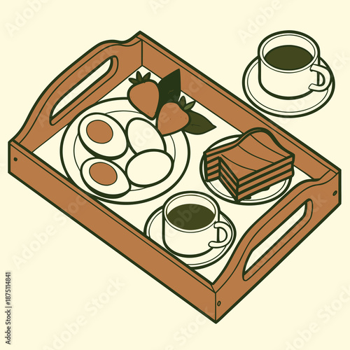 Isometric illustration depicting a perfectly prepared traditional breakfast service featuring hard-boiled eggs toast coffee and fresh strawberries served neatly on a wooden tray.