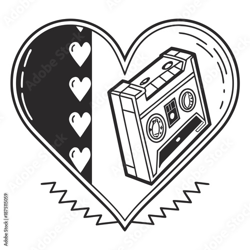 Black and white graphic design featuring a retro audio cassette tape nestled inside a stylized heart shape with small embedded hearts and jagged base lines.