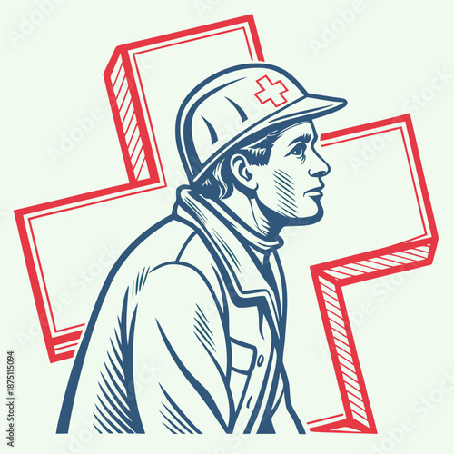 Stylized illustration of a dedicated first responder or rescue worker wearing a protective helmet with a prominent medical cross symbol standing ready for service