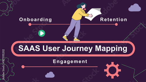 SAAS User Journey: Depicting a woman charting the digital path of SAAS users, emphasizing onboarding, engagement, and retention stages, creating a visual narrative for customer journey mapping.