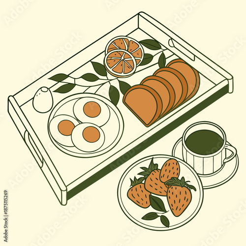 Isometric illustration of a delightful breakfast tray setup featuring sliced bread hard boiled eggs citrus slices and fresh strawberries accompanied by a cup of coffee