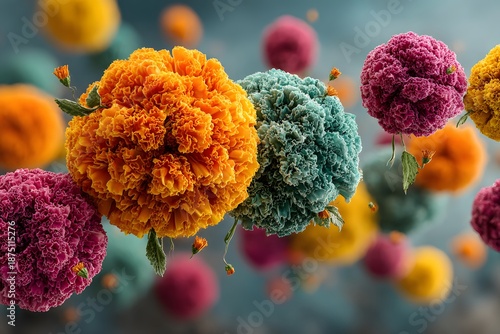 Vibrant Floral Abstract Art with Colorful Marigold and Hydrangea Blooms