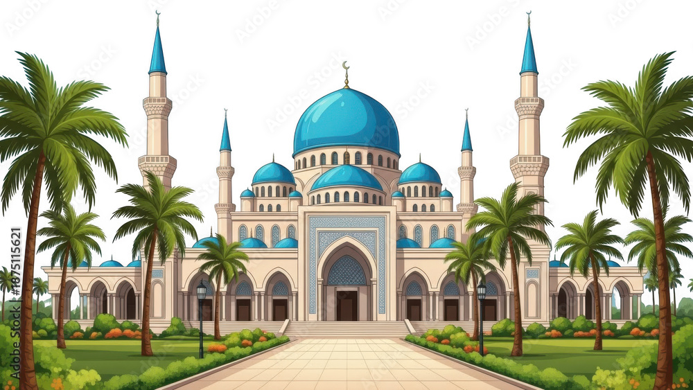 Fototapeta premium Illustrated mosque with palm trees isolated on transparent background