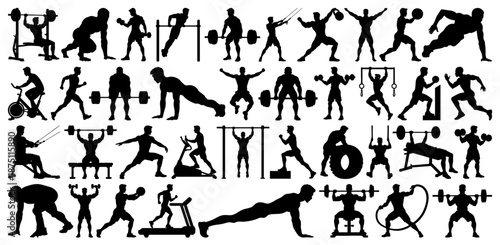 Men’s Gym Workout and Bodybuilding Silhouettes Set with Weightlifting and Cardio on Transparent Background