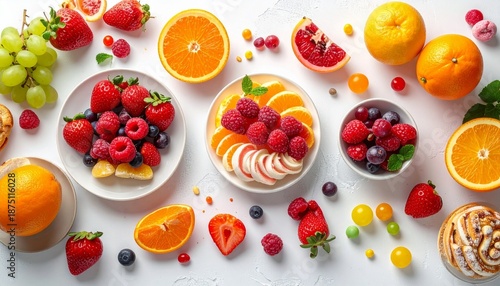 Colorful fruit and yogurt spread on white surface.
