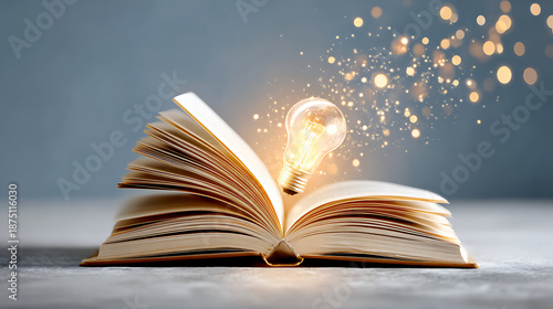 Open Book With a Light Bulb Floating Above It Surrounded by Sparkling Dust in a Simple Background