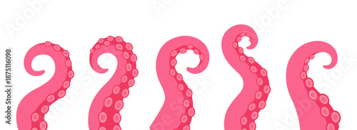 Squid tentacles collection. Curved octopus arms with suction cups for underwater fantasy, nautical monster and marine design themes