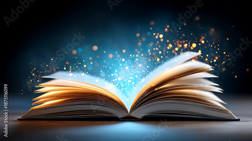 Book Opens to Reveal Bright Magic Sparks in Dark Setting at Night