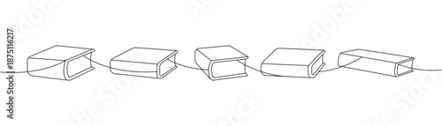 Five books in a row connected by a single line. Simple continuous drawing style for reading concepts