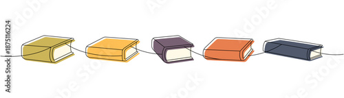 Horizontal row of colorful closed books in flat cartoon style. Simple education and reading symbol