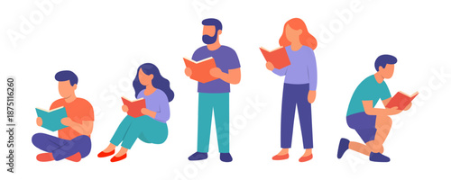 Flat illustration of young men and women reading books, sitting and kneeling in relaxed positions. Minimalist vector design