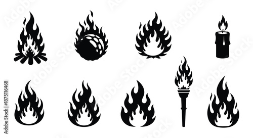 A collection of black flame icons on a white background