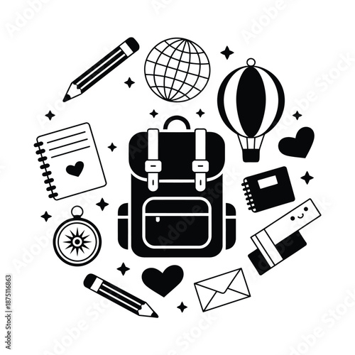 Black and white illustration of travel and school supplies in a circle  various objects