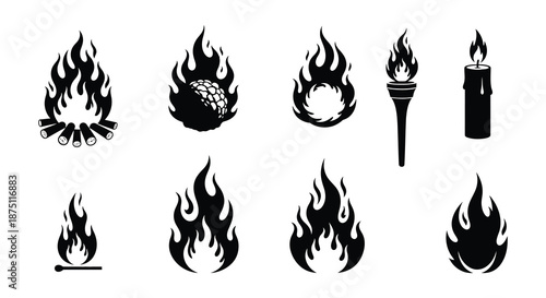 A collection of black flame icons on a white background