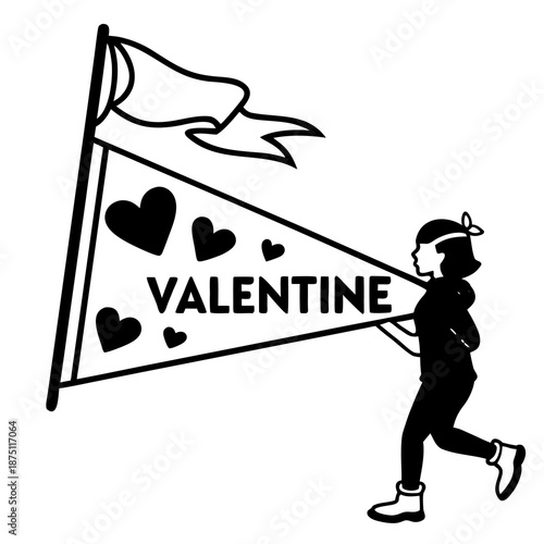 Energetic young girl silhouette running while proudly carrying a festive pennant banner proclaiming the beloved word valentine surrounded by hearts