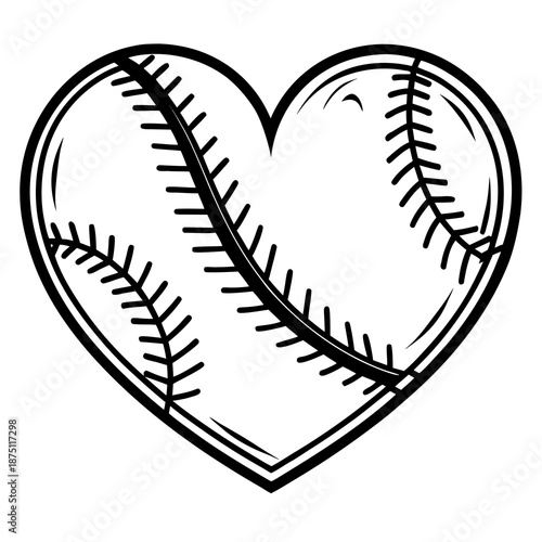 Black and white graphic design featuring a stylized baseball integrated perfectly into the distinct shape of a classic heart symbolizing deep love for the sport