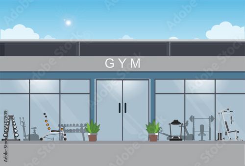 Gym building exterior with sports equipment in flat design style.