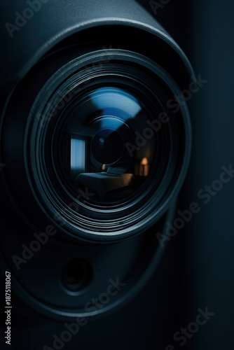 Security camera surveillance lens privacy digital technology protection monitoring safety Security camera lens with digital focus conveying privacy concern and rights awareness modern surveillance