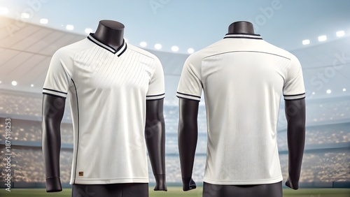 mockup White Soccer Jersey Mockup Front and Back View on Mannequins with Stadium Background.