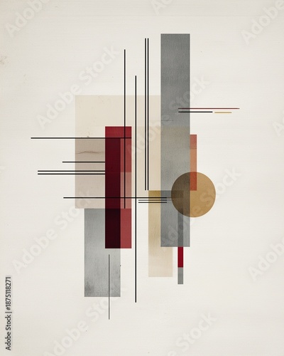 Neutral business abstract art with geometric shapes in taupe, stone grey, and oatmeal, arranged in a balanced asymmetrical composition