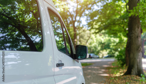 White van park tree nature eco friendly delivery road forest daylight transport white van park tree nature eco friendly delivery scene green canopy near quiet road and forest path soft daylight