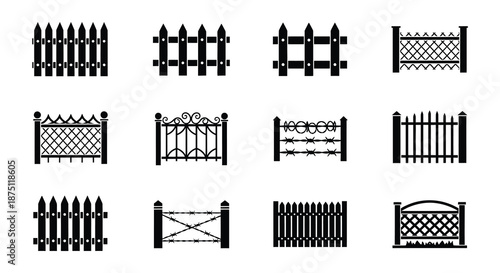 A collection of black fence and gate icons