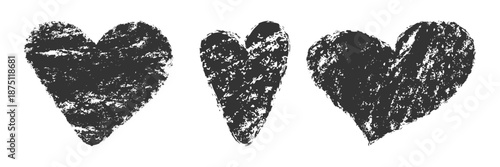 Grunge hand drawn heart vector set. Rough textured heart shapes. Scribble love icon. Pencil crayon chalk texture. Expressive romance symbol. Black and white design element