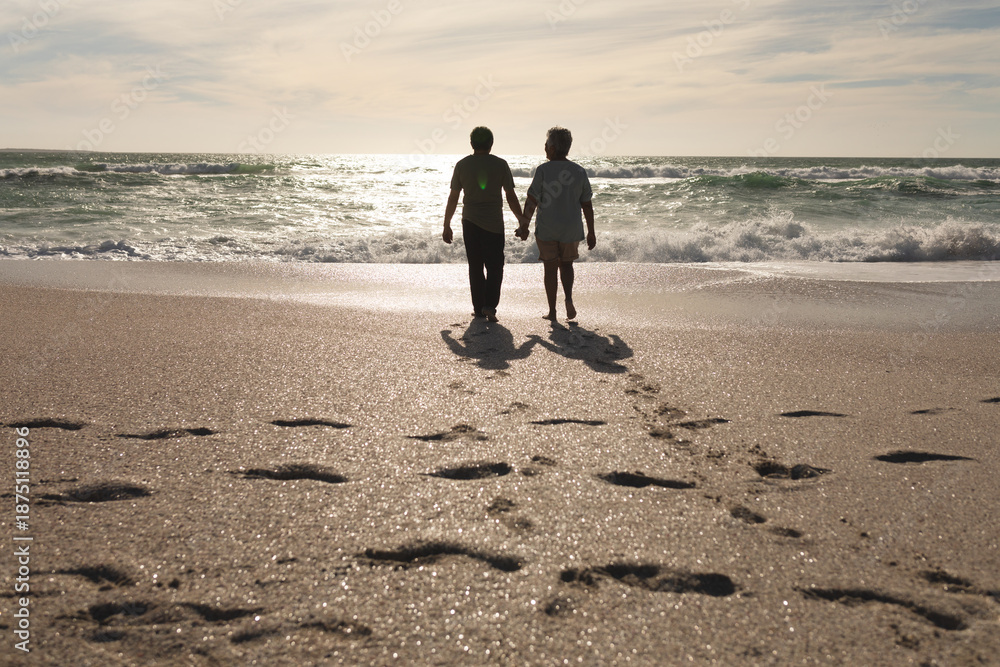 Obraz premium Senior multiracial couple hold hands, walking on sunny beach with footprints