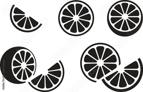 Black silhouette citrus fruit slice icon set isolated on white background, orange lemon food vector illustration