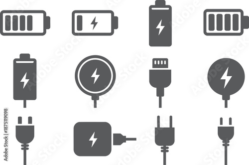 Black silhouette battery charging icon set isolated on white background, electric power energy vector illustration