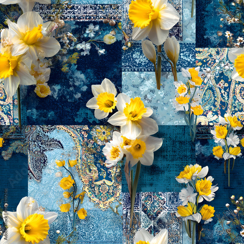 Vibrant daffodils over rich blue patchwork with oriental motifs and baroque floral details