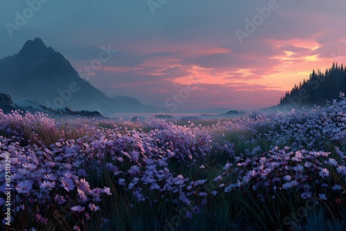 Scenic Sunset Over Wildflower Meadow with Mountain and Misty Horizon